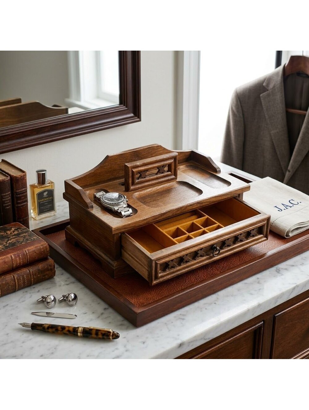 Gentlemen's Wooden Dresser Top Valet, Butler, Jewelry Box Vintage W/Drawer